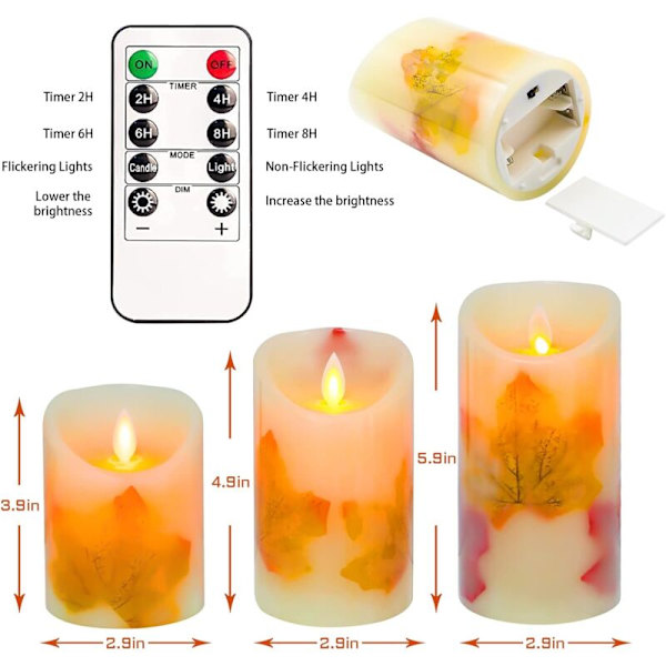 Maple Leaf LED-ljus, set om 3, varmvitt, flamlöst, batteridrivet, med flimrande veke, fjärrkontroll och timer för dekoration, bröllop (Maple Le