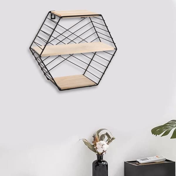 Gitterophængskrog Soveværelse Display Rack Hexagonal 3 Lags Rack Organizer Jernkunst Sort