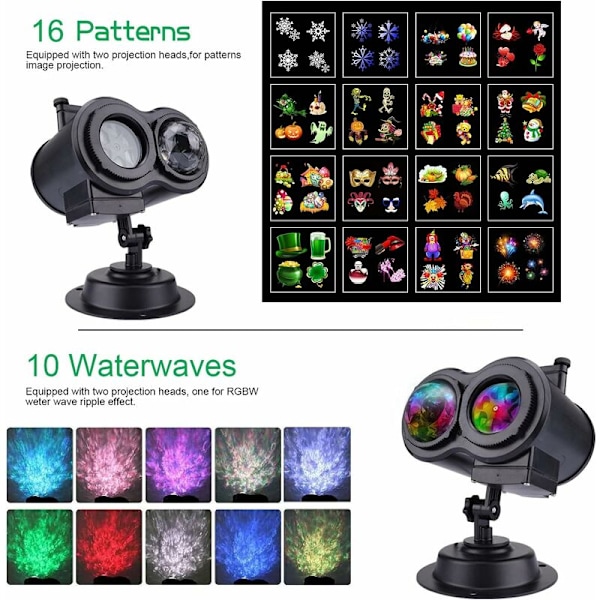 Jul-Halloween LED-projektorlampa, Vattenvågor & Mönster Vattentät Projektorlampa med Fjärrkontroll, Projektionslampa Belysning Inomhus Utomhus
