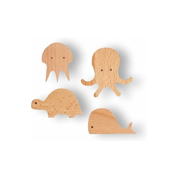 Naturlig søte sjøvanndyr trekroker, veggmontert, dekorativ hengende frakk for barn, sett med 4