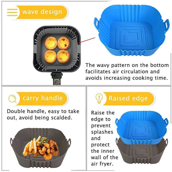 Silikonform för Airfryer, Återanvändbara Airfryer-Foder 8,5 Tum, Kvadratiska Airfryer-Tillbehör, Silikon (Grå + Blå)