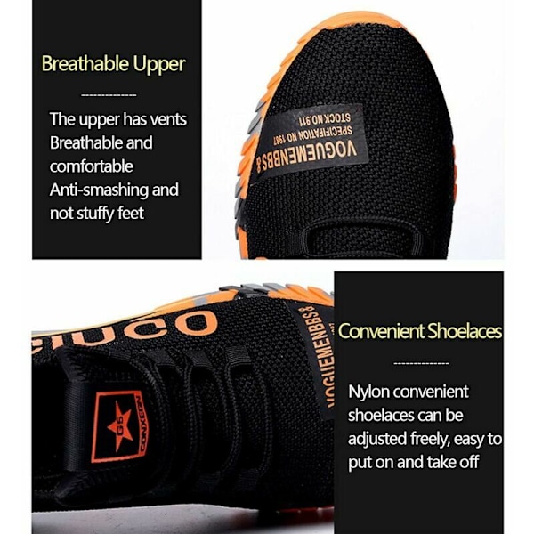Säkerhetsskor för män Ståltå Sneakers Lätta arbetsskor Dam Andningsbara industriella sneakers Andningsbara mesh sneakers, Orange 44
