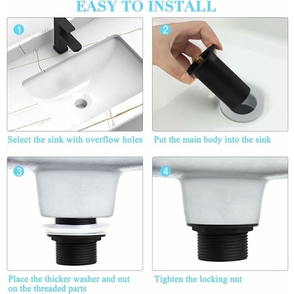 Svart servant-avløp uten overløp, universell svart pop-up servant-avløp, avløpshette uten overløp, avløpshette uten overløp, automatisk pop-up avløp