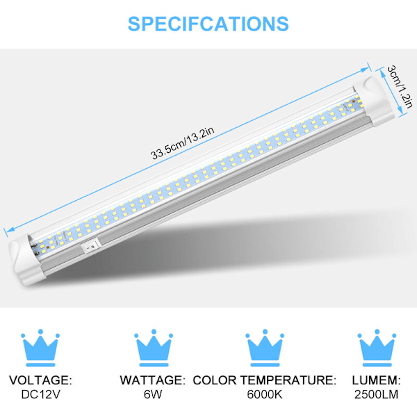 12V LED Inredningsljuslist, Ljusa Inredningslampor med På/Av-knapp 1200LM Listlampa för Bil Van Camping Lastbil Båt 2 st