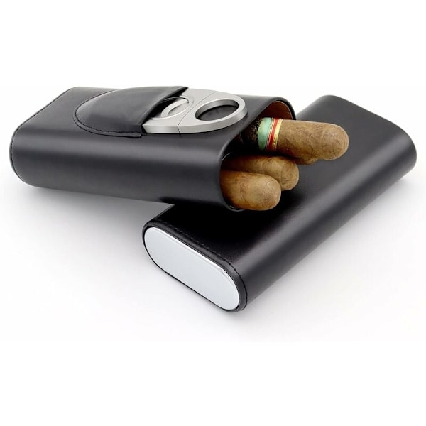 Bærbar Cigarkasse i Læder med Cedertræsfór og Cigarskærer (Sort)