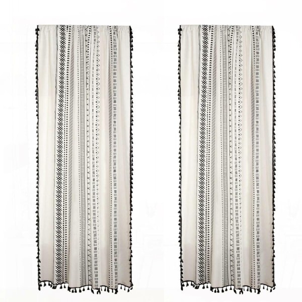 Bohemian Style Sorte Stribede Vinduesgardiner 2 Paneler med Kvast Bomuldslinned Gardin til Soveværelse Stanglomme Top 59X94 Tommer