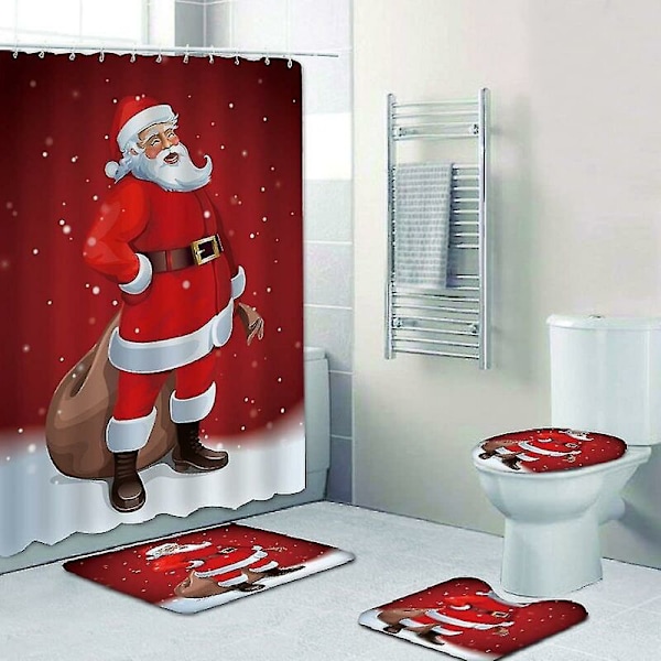 4 st juldekorationer för badrum, toalettstolsskydd, matta, duschdraperiuppsättningar, jultomte, älg, snögubbe, badrumsdekor