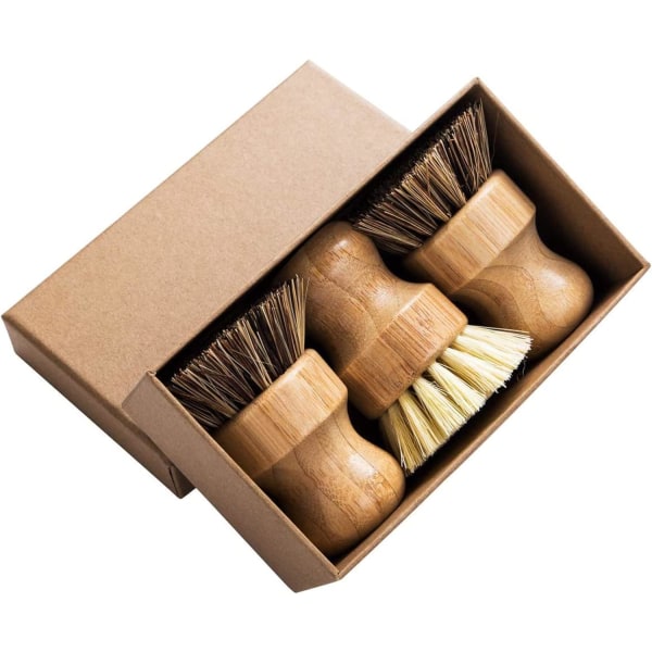Bambu rund 3-pack mini diskborste Naturlig skurborste Slitstark skurrengöringssats med Union Fiber och Tampico Fiber för rengöring av grytor, kokkärl och