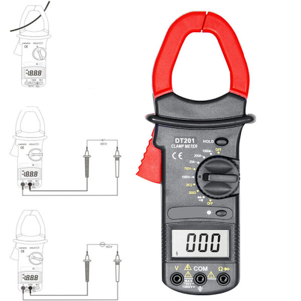 DT201 Digital Tångamperemeter Multimeter 1000A AC/DC Spänningstestare 1999 Räkningar Hz NCV Kapacitans Ohm Diod Test