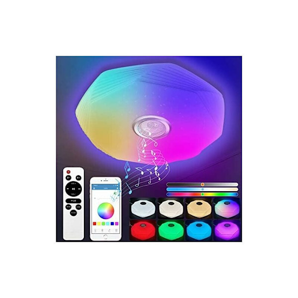48W Dimmbar LED Taklampe med Bluetooth-høyttaler, Ø39cm Bluetooth RGB Taklampe med Fjernkontroll og Appkontroll, LED Musikk Taklampe