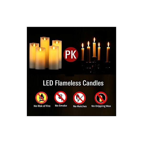 LED-lys, flammefrie lys. Sett med 5 (10,12,15,17,19 cm, elfenben), ekte voks. Med realistiske flimrende flammer, fjernkontroll med 10 funksjoner