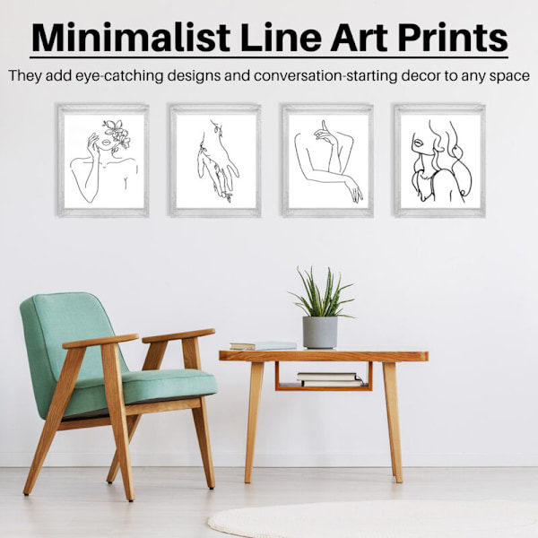 Minimalistisk linjedekoration konsttryck Set om 4 svart/vit estetisk teckning Poster 8 tum X 10 utan ram