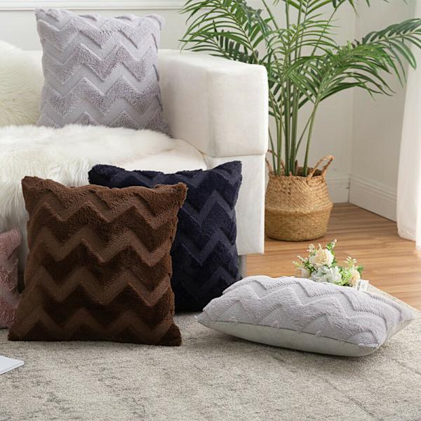4 kpl Faux Wool ja Sametti Tyynynpäälliset, Pehmeä Plush Koristetyynynpäällinen Aaltokuviolla, Vaaleanpunainen, 45x45CM