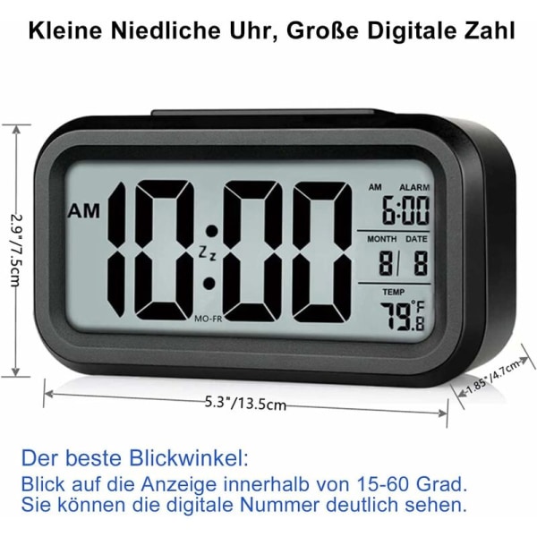Digital väckarklocka, LED digital klocka med temperaturdisplay, bärbart spegellarm med 2 larm, batteridriven, ljuskontroll