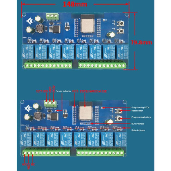 DC5-30V Virtalähde ESP32 WIFI Bluetooth 8-kanavainen relemoduuli ESP32-WROOM Toissijainen kehityskortti