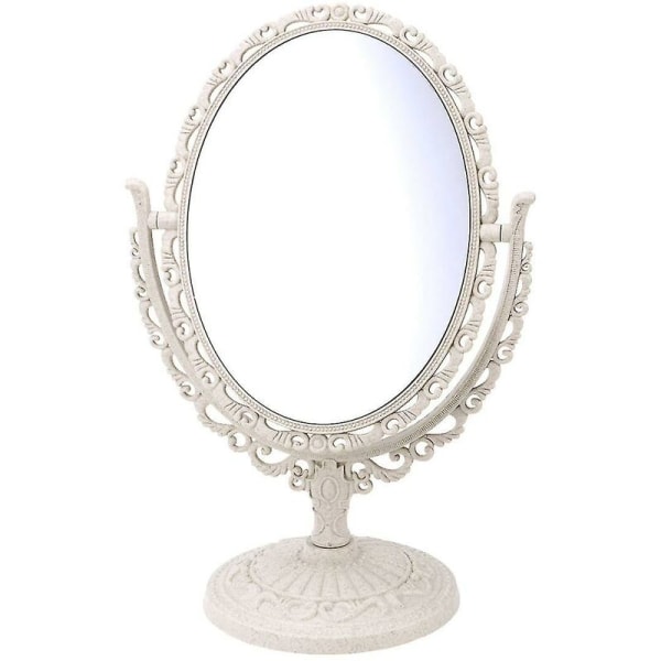Oval kosmetisk spegel vintage bordsskiva fåfänga 360 graders rotation förstorande dubbelsidig spegel (beige)