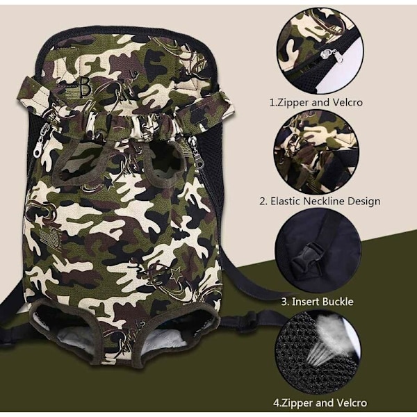 Legs-Out Front Pet Dog Carrier, Håndfri Justerbar Ryggsekk Reiseveske for Små og Mellomstore Hunder, Katter, Kaniner, Utendørs XL, kamuflasje