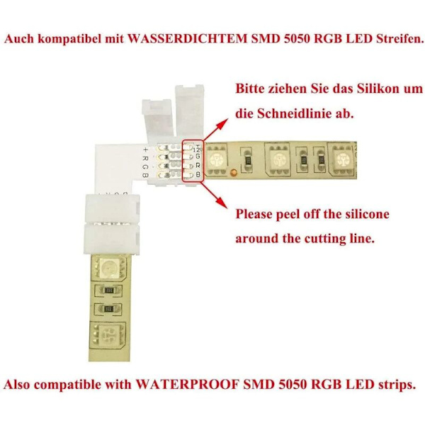5 kpl 5050 RGB LED-nauha L-liitin/liitin LED-nauha kulmaliitin 4-nastainen oikea kulma liitin SMD 5050 RGB LED-nauhalle 10mm leveä