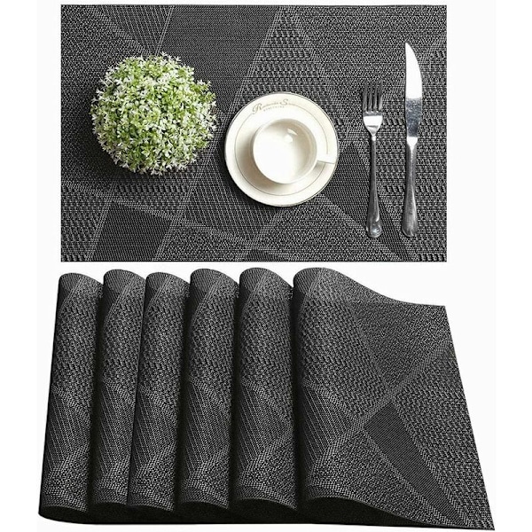 Sett med 6 Vaskbare PVC-Plassmatter Sklisikre Slitesterke Varmebestandige Enkle å Rengjøre og Oppbevare Miljøvennlige 45 x 30 cm (Svart)