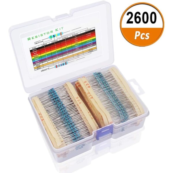 Resistorkit med 2600 st, 130 värden, 1% sortiment av metallfilmresistorer med 1 Ohm-3M Ohm 1/4W med förvaringslåda för projekt och experiment
