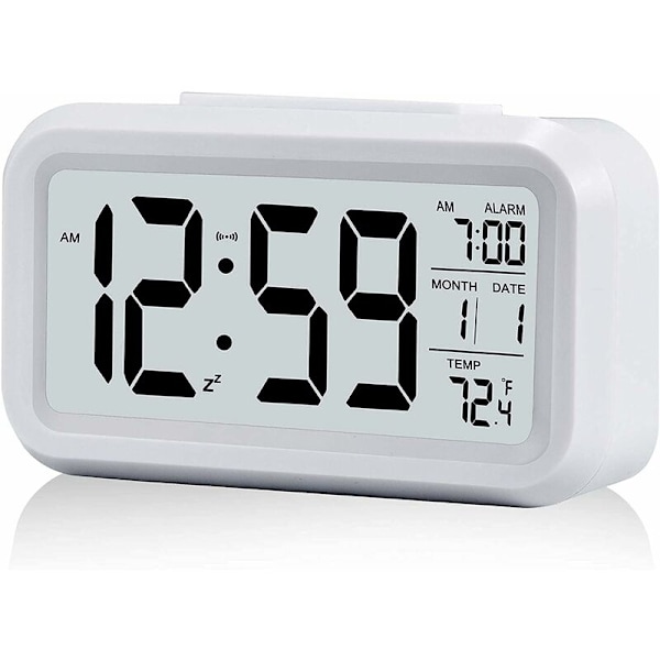 Digital väckarklocka, tyst batteridriven digital väckarklocka för barn och vuxna, stor LED-display, temperaturkalender (vit)