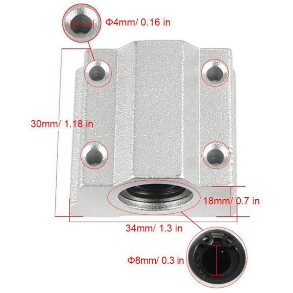 3D-skrivarskjutblockskullager Linjär rörelse SCS8UU 8Mm Bussning för Anet A8 Prusa I3 4 st