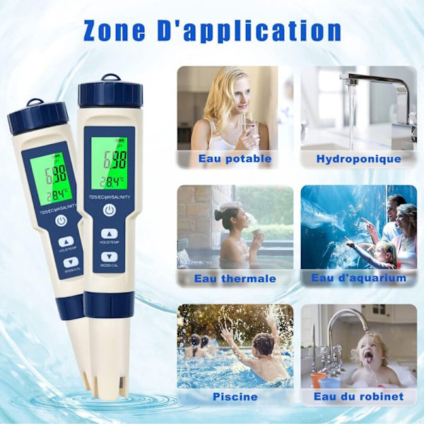 pH-Meter 5 i 1 med Salinitet, Temperatur, TDS, EC - Multifunktionel Tester med Høj Præcision, Vandafvisende, Automatisk Temperaturkompensation og Selvkalibrering