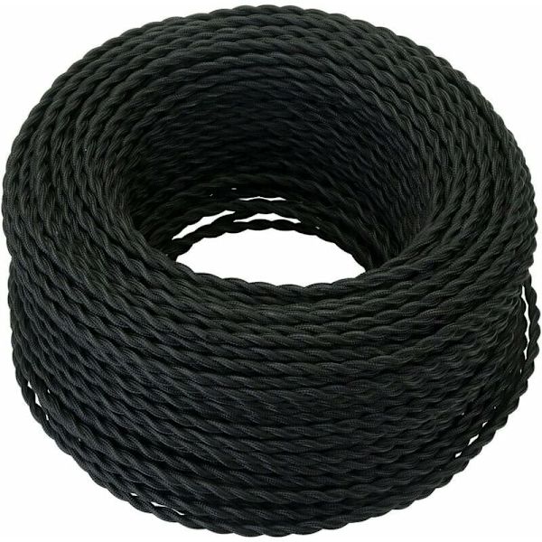Tekstil Elektrisk Kabel 10M，Retro Twisted Flettet Hamp Reb Kabel 2x0,75mm², 2 Strandede Twisted Ledninger，til DIY Pendellampe/Sort