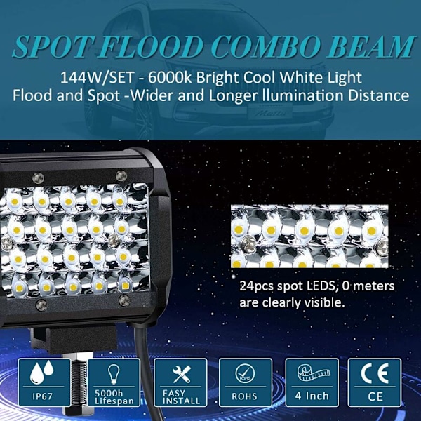 LED Arbetslampa 12V 144W 4'' LED Bilstrålkastare 12v Vattentät IP67 Spot Flood LED Dimljus 10,500lm Arbetslampor för Bil Lastbil Traktor SUV Båt (2 P