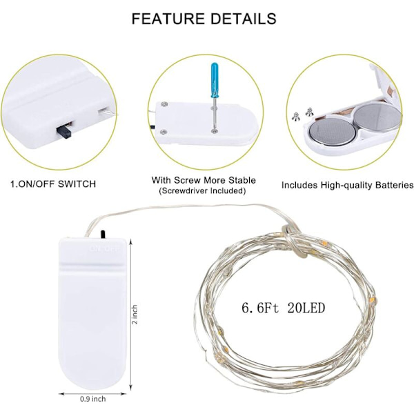 10-pack 2M Fairy Lights 20 LED Batteridrivna Fairy String Lights Vattentäta Koppartråds Stjärnsträngljus Mason Jar Lights Firefly Lights för D