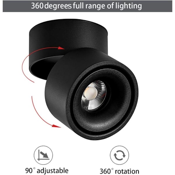 360 graders justerbar 10W LED-loftlampe / overflademonteret COB-belysning / 10x10cm / aluminiumvæglampe eller -spot 6000K sort