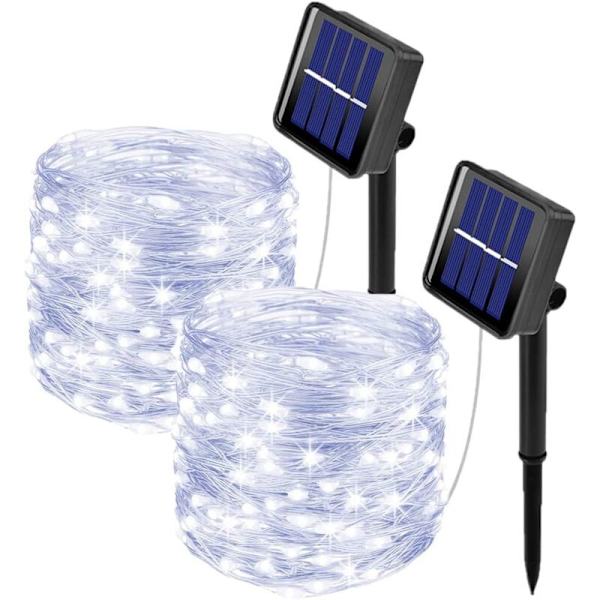 2-pack Solcellsstränglampor för utomhus, 10m 100 LED 8 mönster (Vit)