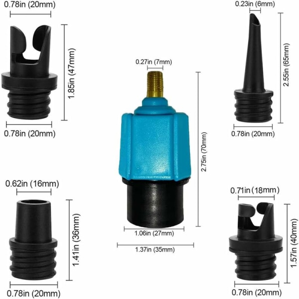 Adapter til paddleboard-pumpe, kajakpumpe-adapter med 4 luftventil-dyser til kajak/oppustelig seng/stand up paddleboard/båd, luftventil-konverter (blå