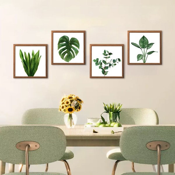Väggkonst med fyrkantig set och botaniska växter Tropiska gröna lövkonstverk för galleriväggar eller heminredning