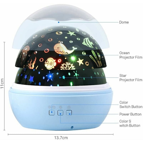 Stjernehimmel LED Projektor, Baby Natlys, Ocean World 2 i 1 Projektionslampe med USB Kabel (Blå)