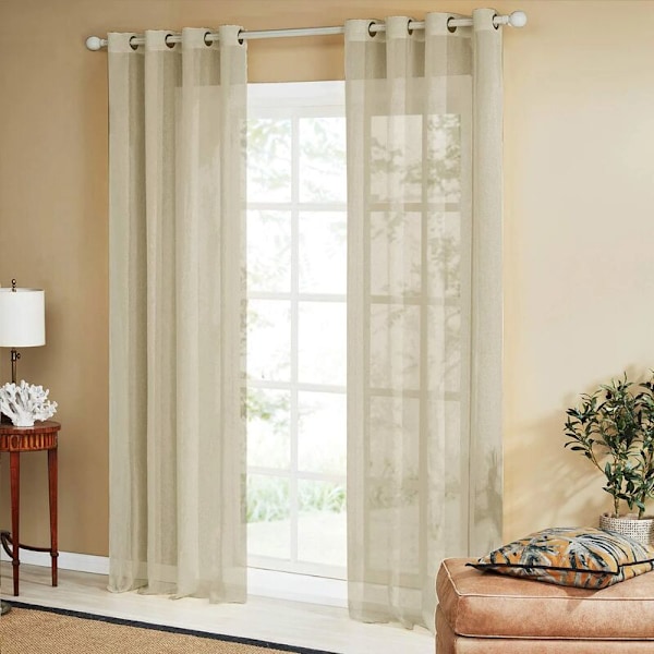 Sett med 2 Khaki Gjennomsiktige Gardiner i Lin-Effekt - Øyebøyle Gardiner Soverom Dekorasjon Halvtransparent for Stue Kjøkken Gardin 140x180cm(Bredde x Høyde)