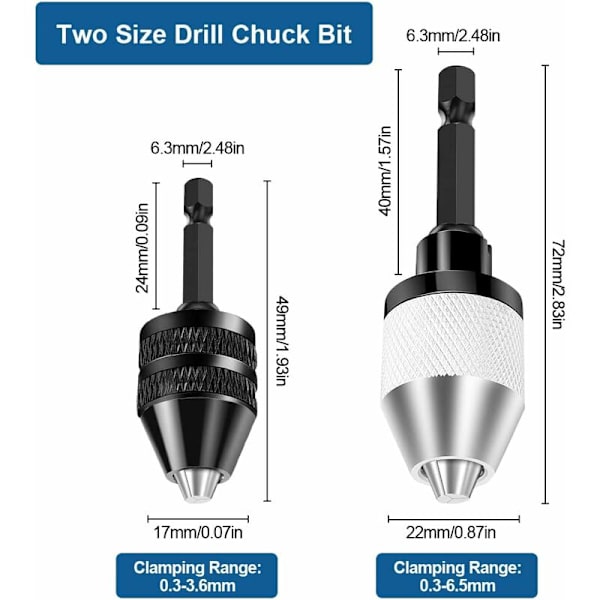 2-delad borrchuck, sexkantig självspännande chuck 6,35 mm (1/4\"), skruvmejselchuck kapacitet 0,3-6,5 mm, nyckellös borrchuck, för elektrisk skruvdri