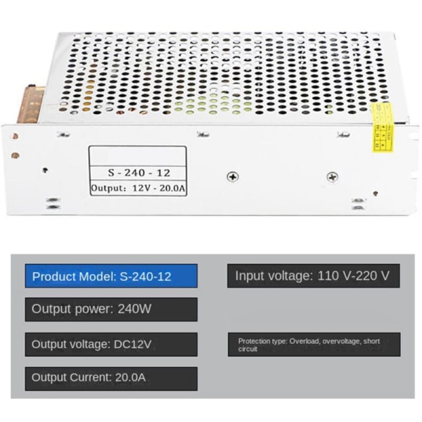 12V Strømforsyningstransformator Skiftende Strømforsyning 12V 240W 20A DC Lysstang Drivkraft Strømadapter