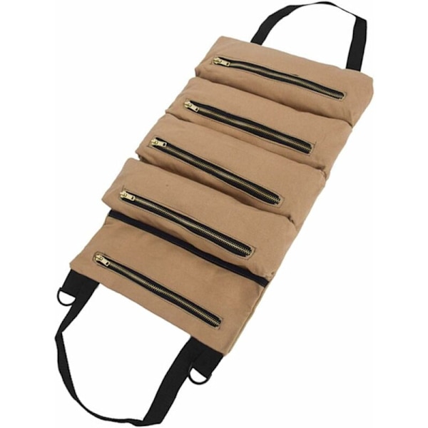 Verktygsväska med 5 blixtlåsfack, Bärbar Canvas Verktygsväska, Verktygsrulle Auto Organizer Verktyg för Elektriker, VVS-montör eller Mekaniker (Khaki)