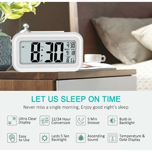 Digital väckarklocka, tyst batteridriven digital väckarklocka för barn och vuxna, stor LED-display, temperaturkalender (vit)