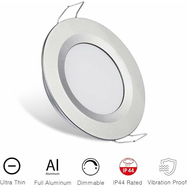 4 x LED Inbyggd Spotlight 12V Hål 58-65mm 3W 3200K Inbyggd Taklampa för Husbil Båt Husvagn Van Yacht Varmvit (Silver Finish)