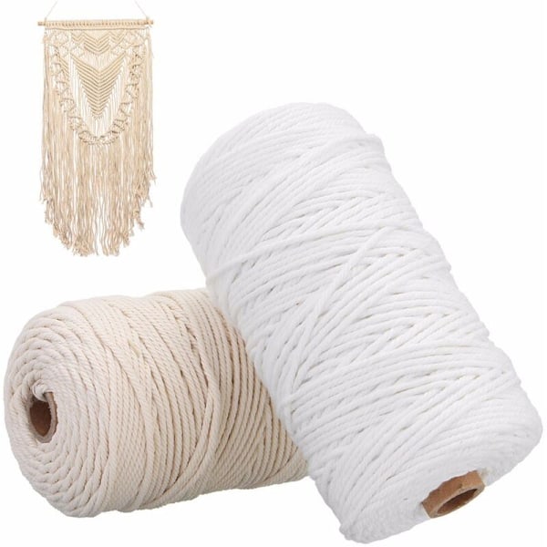 Tvinne, 2 st Robust Vit Bomullsrep Naturbeige Vridet Rep Snöre Hantverk Makrame String DIY Hem Dekorativ Tillbehör 3mm×200m
