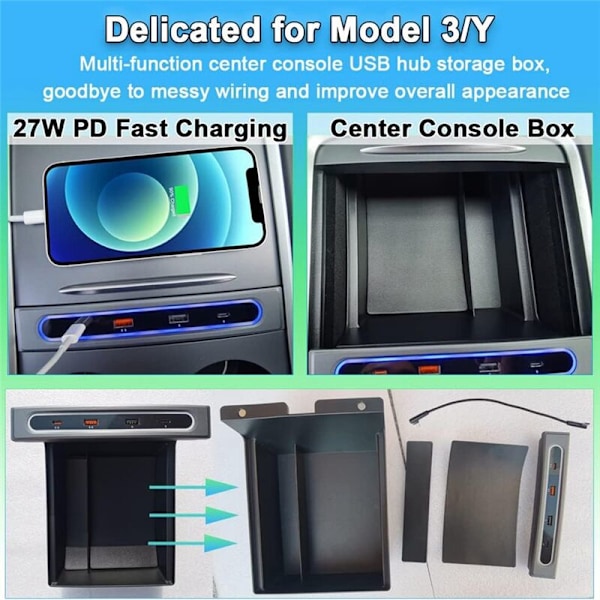 Multi-Port LED USB-hubb laddare och mittkonsol arrangör för Model 3 Y 2021 2022 2023 tillbehör