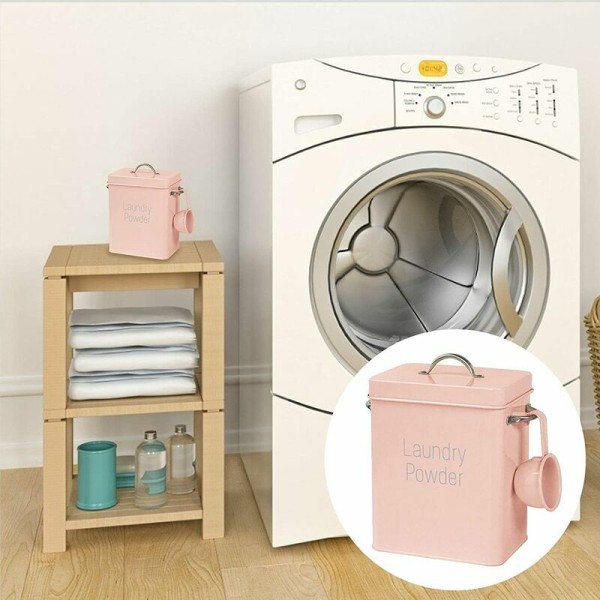 Tøyvaskpulverboks med skje, 4L vaskemiddelbøtte, metallvaskemiddelbeholder for oppbevaring i hjemmet Rosa