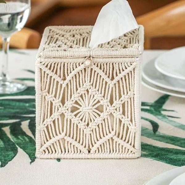 Servetthållare Boho Decor Kvadratisk Pappershållare med Pärlögla Makramé Servett Organizer Dekor