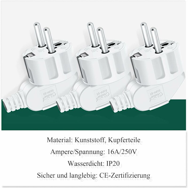 Schuko-plugger, 3 stk Hvite Hannstikkontakter, JEXPOWER Elektriske Jordkontaktplugger, Strømforsyning Vinklet Plugg 250V 16A -