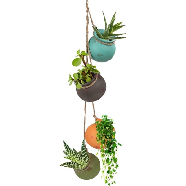Keramiska Hängande Planterare (4-pack) - Hängande Kruka för Inomhusväxter - Flerfärgad Hängande Vas med Juterop - Perfekt för Inomhus & Utomhus, Heminredning, Rabatt