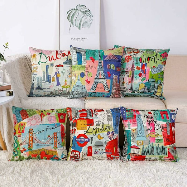 Kuddfodral Vår & Mandala Mönster Kuddeöverdrag för Soffa Hem Vardagsrum Sovrum Heminredning, 45x45cm, Set med 6 stycken (Cartoon City)