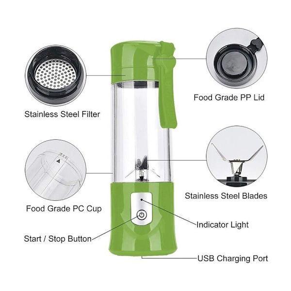 USB Elektrisk Juicer, Fruktjuice Blender, Reseblandning, Mini Laddningsmix/Bärbar Juice Iskross Kross, 420ml Kittel, Grön
