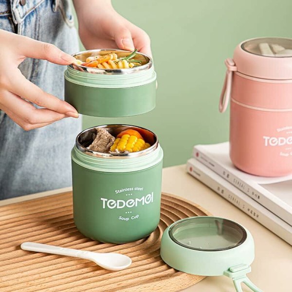 Isolerad lunchlåda i rostfritt stål med sked - För soppa - Grön - 10,5×12cm
